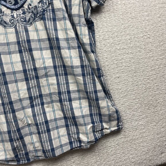 Y2K Guess Shirt Mens XXL Blue Plaid Grunge Button Up Distressed Punk lily flower - Picture 12 of 13